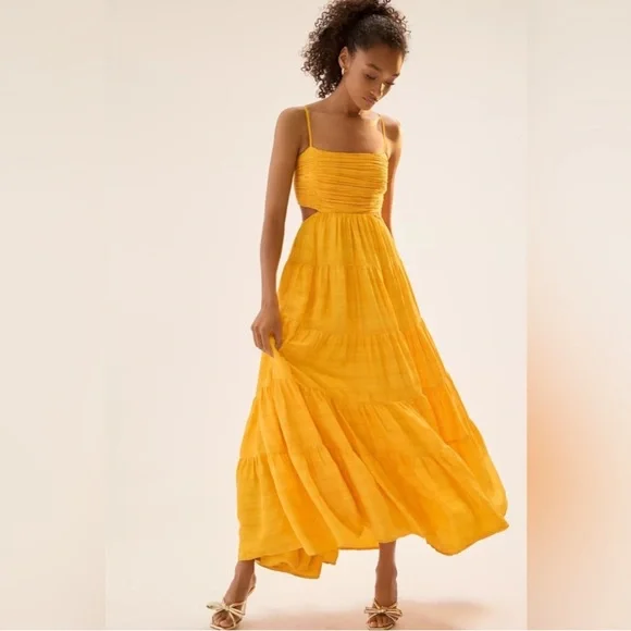 NWT Anthropologie Let Me Be Cutout Tiered Maxi Dress in Tangerine Yellow Size M - Picture 3 of 15